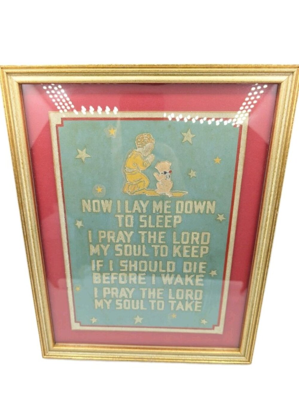 Vtg Wall Hanging Framed Board Now I Lay Me Down To Sleep Praying Child 10"x12.5"